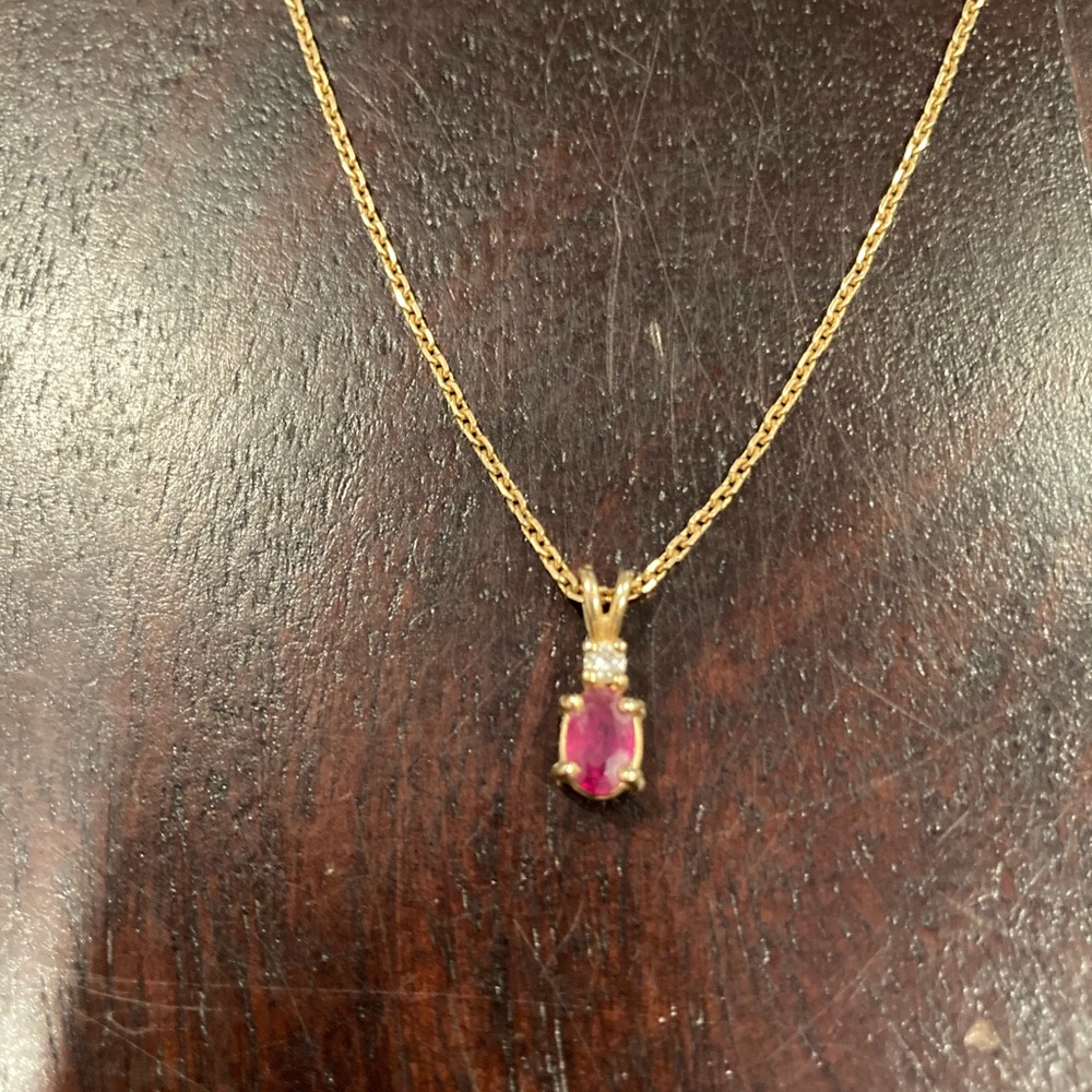 14k Gold Necklace with Ruby and Diamond Pendant